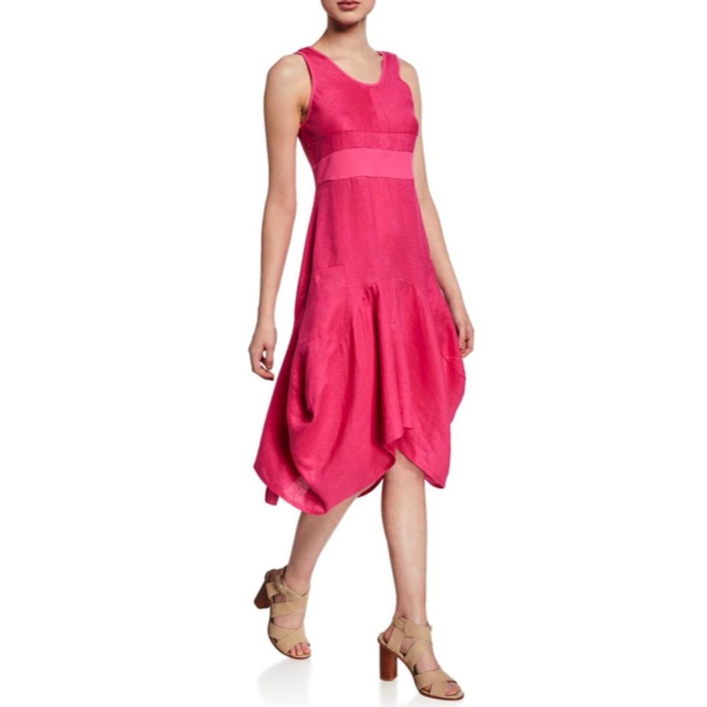 NEIMAN MARCUS SLEEVELESS RIB WAIST LINEN MIDI DRESS SIZE M
